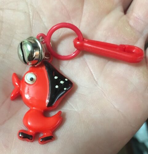 VTG 80&#039;s Plastic Clip on Charm with Bell Red Google Eye Duck with Black Bandana 