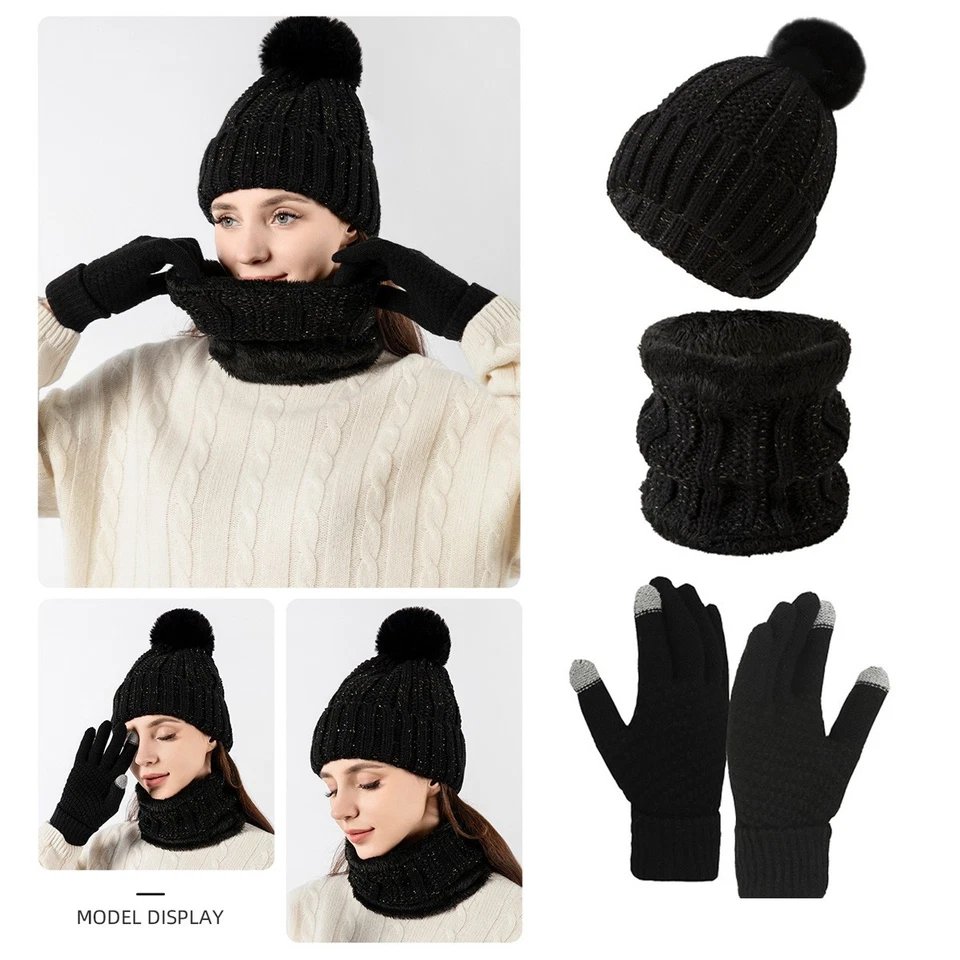 Conjunto de luvas cachecol chapéu gorro inverno feminino forrado de lã chapéu luvas touchscreen - Imagem 4 de 4