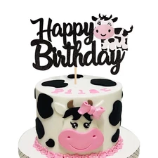 1 PCS Cow Happy Birthday Cake Topper Glitter Farm Animals Birthday Cow Cake P...