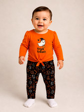 NWT 12M Baby Halloween Outfit Trick or Treat Orange Top Black Print Pants 2 Pc