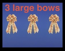 3x Wired Wreath Bow 20" Red Orange Burlap Check Plaid Reusable Fall THREE NEW