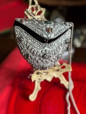 Vintage Sajai Metal Filigree Crossbody Purse Agate Stones India Minaudiere