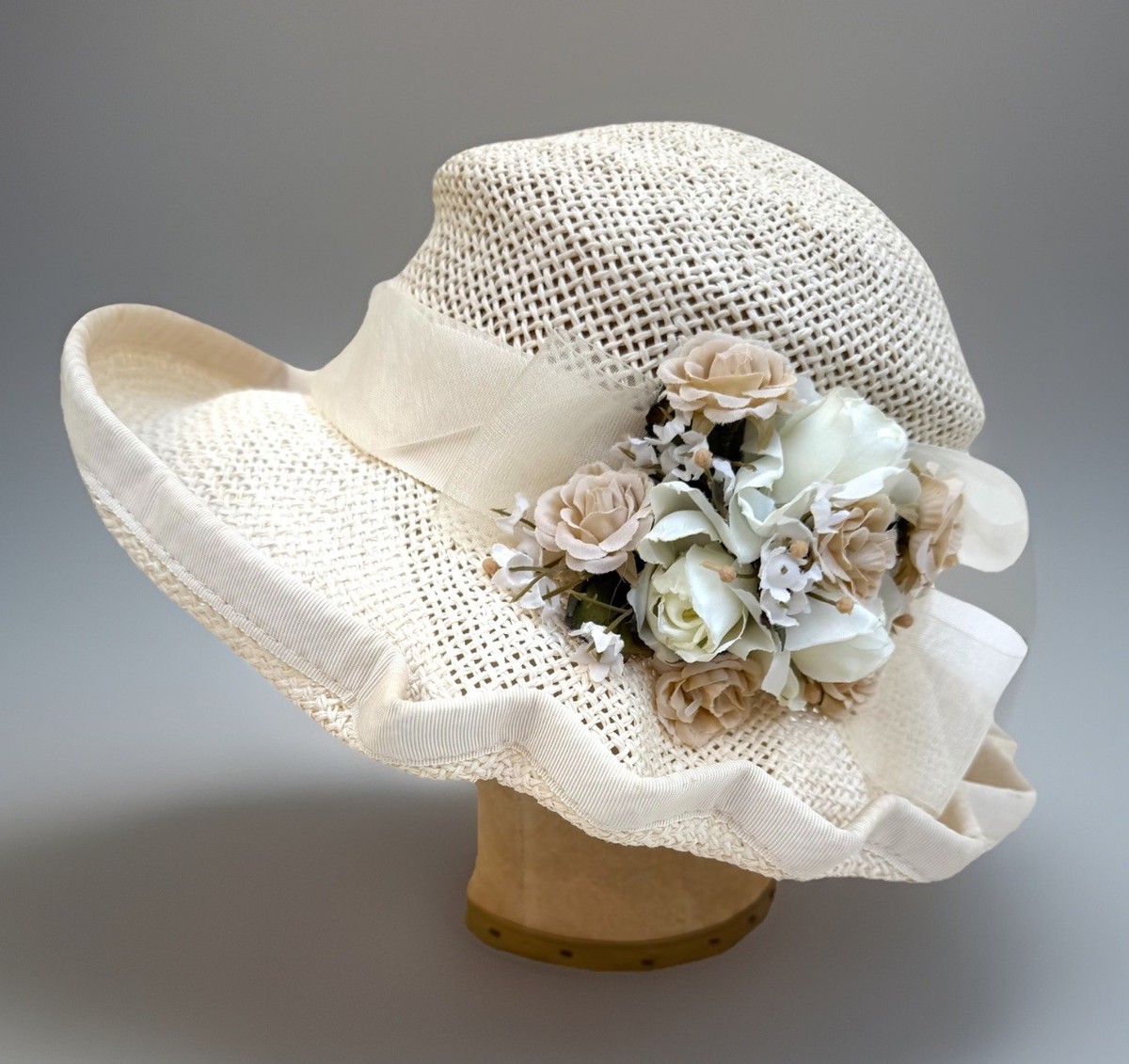 Straw Sun Hat with Cream Trim Ivory Straw Hat Cream Sun Hat Ivory Beach Flat Brim Ribbon  main image 2