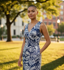 Lauren Ralph Lauren Faux Wrap Dress Size 16 V Neck Sleeveless Blue Floral