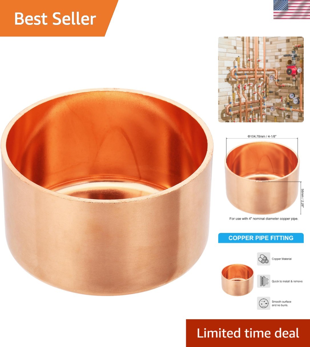 Copper 4 Inch Pipe End Cap Fitting Replacement