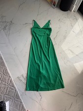 Zara Satin Slip Dress — Green, V-Neck, Size M