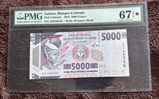 GUINEA 2015 5000 FRANCS SUPERB GEM UNC PMG 67*  EPQ PREFIX AH STAR GRADE NOTE!!