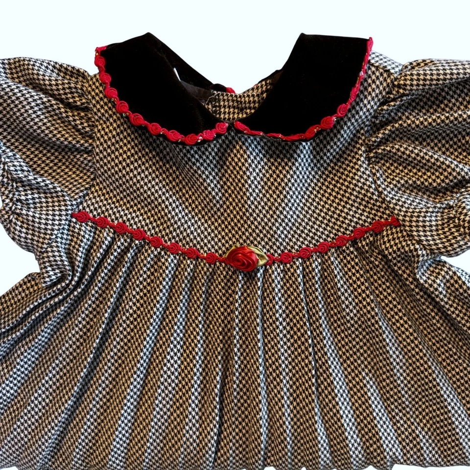 Vintage Girls Houndstooth Dress Black Velvet Collar Red Rose Trim - Image 3 of 4