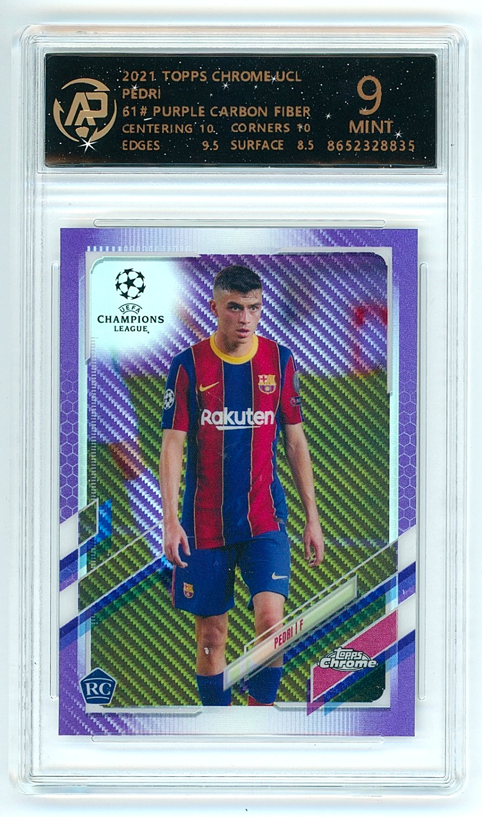 2020-21 Topps Chrome UEFA Pedri #61 RC Rookie Purple Carbon Fiber RPA 9 Barca