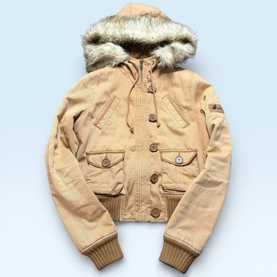 Abercrombie & Fitch Jacket Womens Medium Beige Faux Fur Hood Y2K Crop Parka