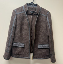 Lafayette 148 New York Wool Blend Jacket Blazer Brown with Leather Detail Sz 6
