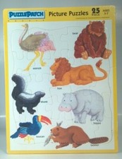 Vintage XL Frame Tray Puzzle Patch Animals Ostrich Beaver Skunk Hippo Toucan