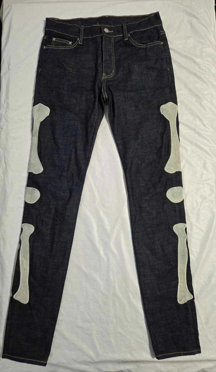MNML Jeans Mens 32 Black Embroidered Grunge Skull Bone Stretch 5 Pocket  Skinny | eBay