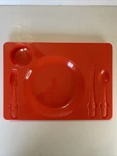 Plastic Lunch Cafeteria Tray Orange Includes Fork Knife Spoon W/Place For Cup