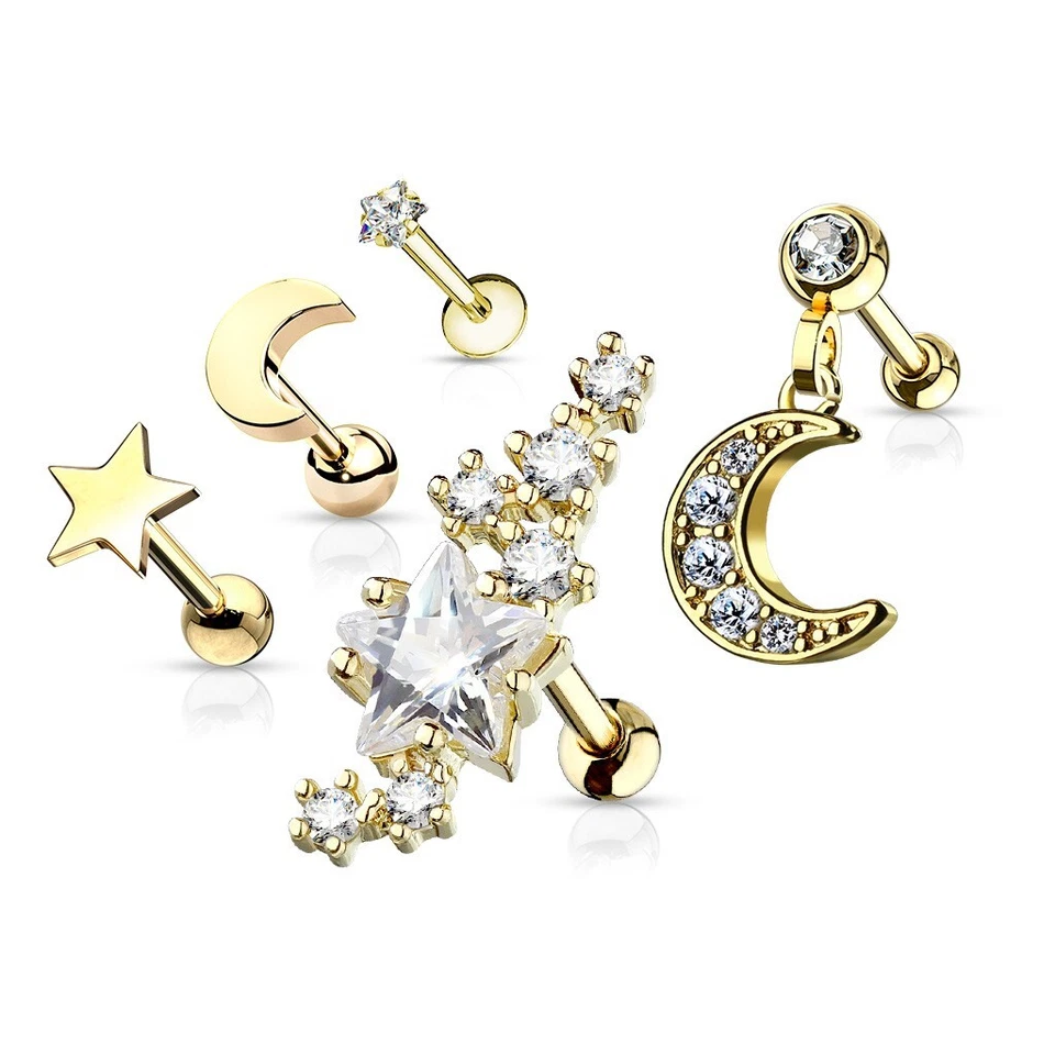 Juego de 5 Pendientes Cartílago Colgantes Oro 16g 6mm 1/4 Estrella Luna Torre Tragus Daith Foto 2 de 3