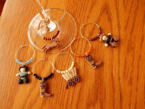 " RODEO,WESTERN, COWBOY" SET OF 6  HAND CRAFTED WINE GLASS CHARMS   - Afbeelding 1 van 9