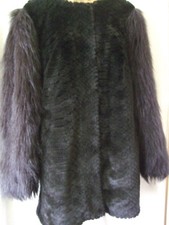 Biba Size 16 Black Collarless Textured Faux Fur Coat