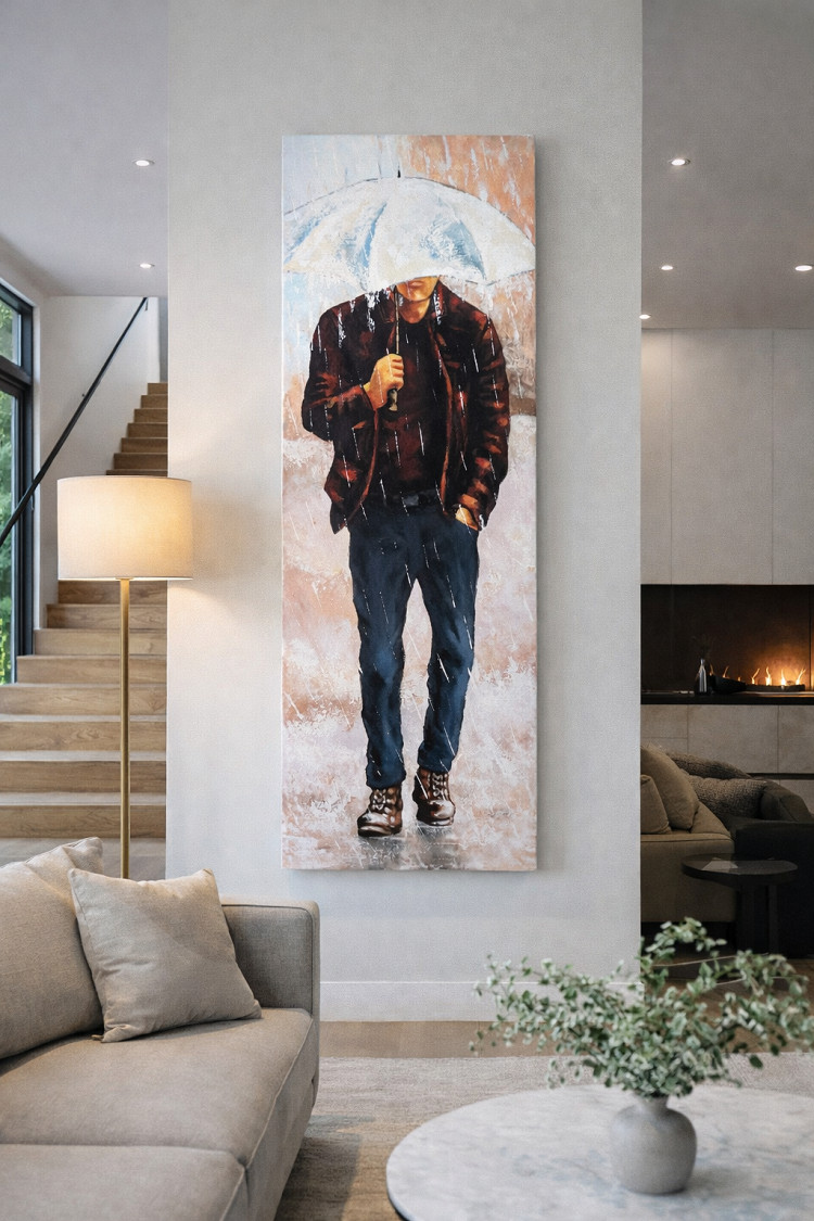 Cuadro Moderno Vertical 150x50 Cm – Hombre Bajo La Lluvia – Pintado A Mano En T