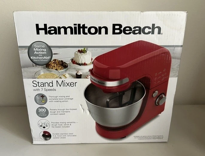 Hamilton Beach 63389 Stand Mixer with Mixing Bowl, Whisk, Hook & Shield Red New
