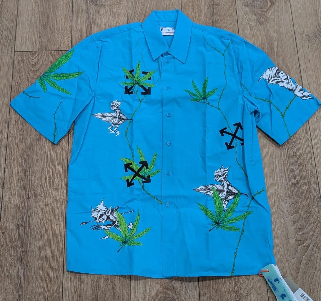 $990 Mens OFF-WHITE Leaf Print SS Button Up Shirt Teal Medium