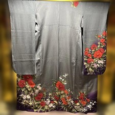 Vintage Japanese Silk Furisode Kimono Robe Flower Fabric 68 inch