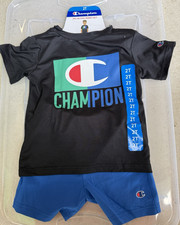 NWT Champion Boys 2 Piece Short Set 2T Black Screened Shirt With Black Shorts