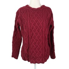 Irelands Eye Knitwear Lambay Lattice Cable Aran Sweater Burgundy Wool