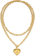 Gold Heart Pendant Necklace for Women Puffy Heart Necklace Beads Chain Necklace