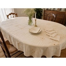 Oval Cotton Tablecloth 65x102  12 Napkins Beige Embroidered Floral