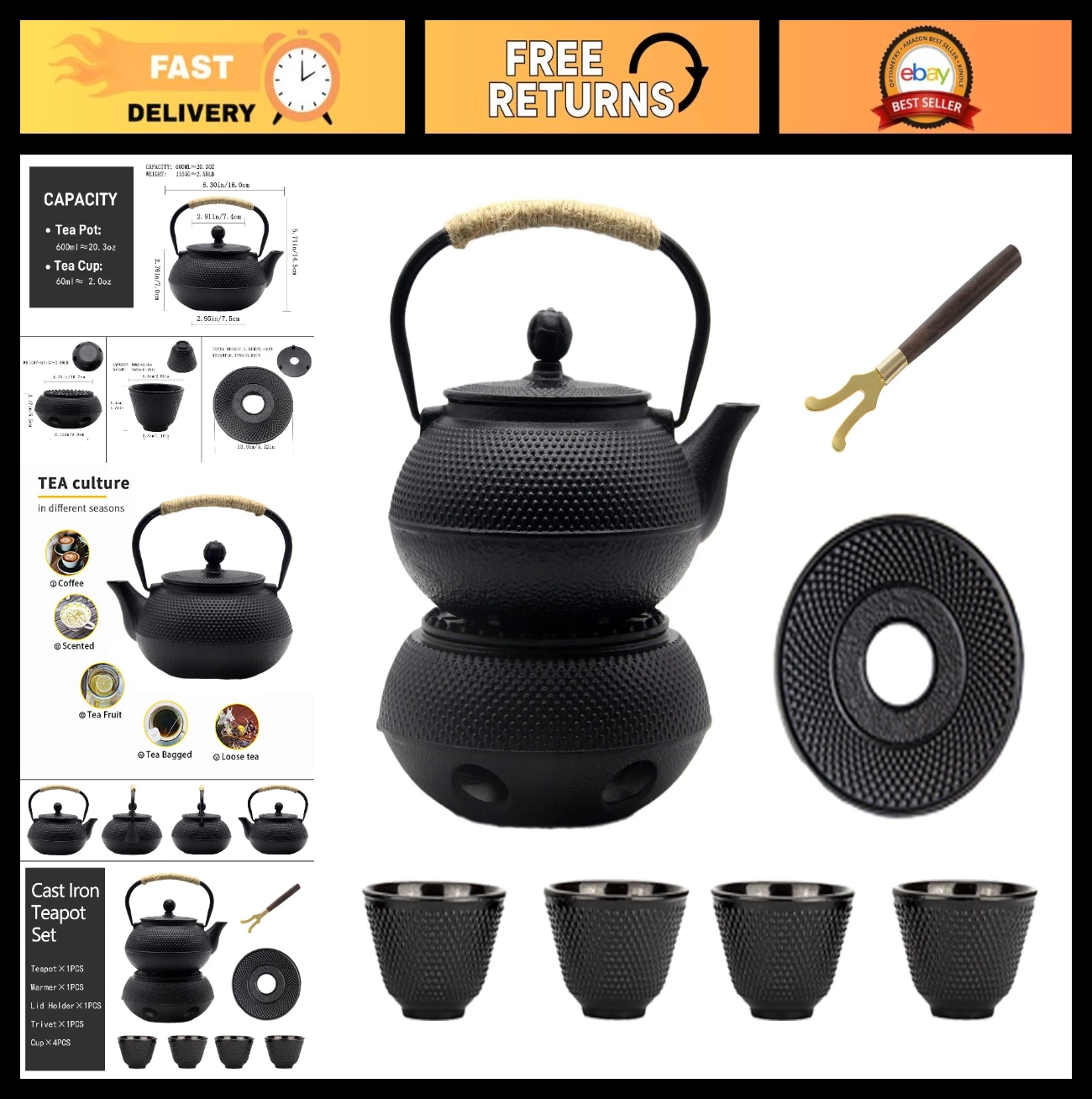 20.3oz Cast Iron Teapot Set with Warmer, Japanese Kettle & Cups, Stovetop Safe,
Opens in a new windo