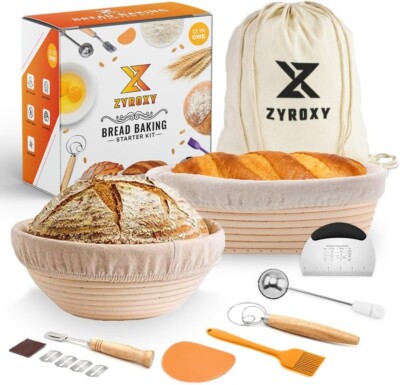 Bread Banneton Proofing Basket Set of 2 Round 9 Inch & 9.6 Inch Oval + Sourdo...