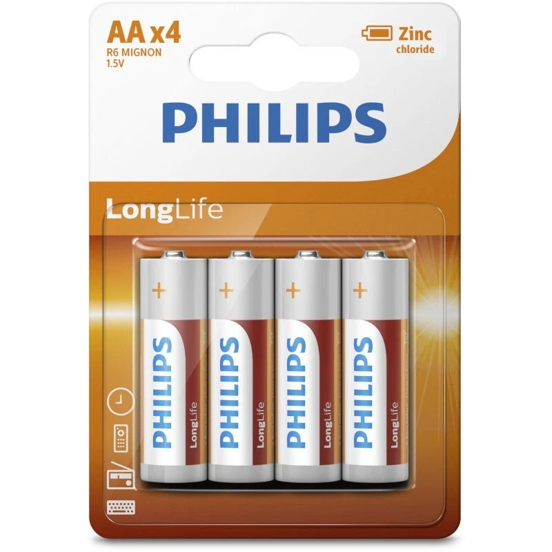 Pile AA LR6 Philips, lot de 4 Batterie type AA, LongLife R6L4B ***maxi promo***