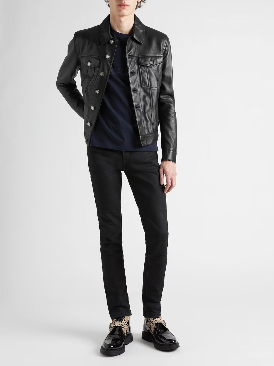 【関税込み】saint laurent Trucker' jacket SAINT LAURENT Slim-Fit Black Leather Trucker Jacket New