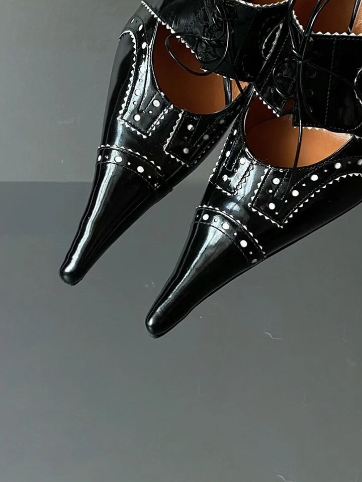 Retro Estilo Americano Pasarela Mujer Punta Cuero Real Con Cordones Tacón Alto Talla Foto 3 de 4