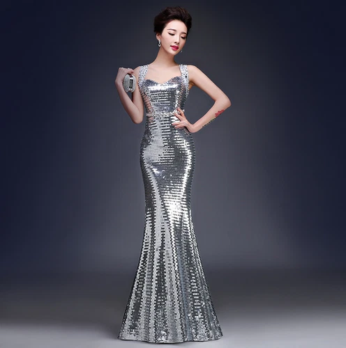 Womens Sexy Sequins Mermaid Party Ball Gown Fishtail Double Shoulder Long Dress - Picture 22 of 24