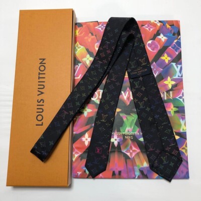 LV Louis Vuitton Tie Necktie Monogram Neon Silk Blue Navy Men