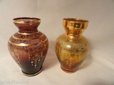 2 Small Glass Bud Vases Amber & Amethyst Gold Decorated