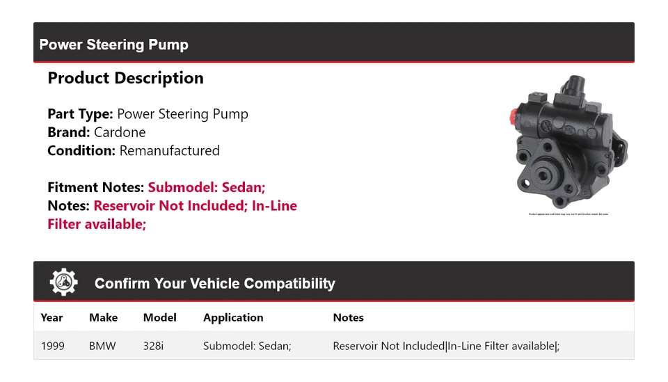 Bomba de dirección asistida Cardone para BMW 328i 1999 sedán Foto 2 de 4