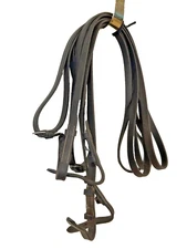HORSE SIZE USED DARK LEATHER PELHAM REINS ONE HAS BUCKLE SET 2