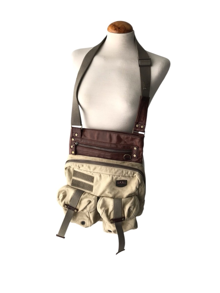 DIESEL Vintage Leather & Canvas Bag Khaki Multipocket Utility