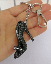 Charming Black Gray Rhinestone Crystal High-heeled Shoes Keychain Pendant 05865