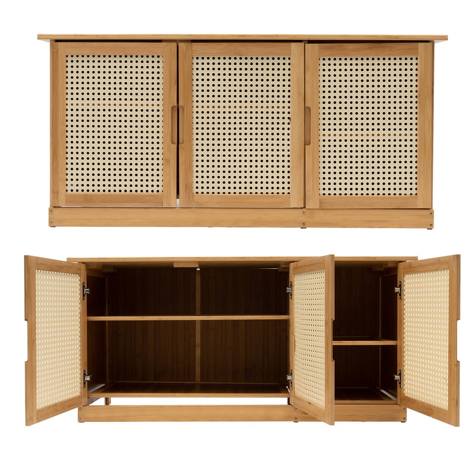 Modern Shoe Storage Bamboo Shoe Rack Bench with Rattan Door for