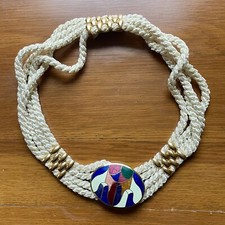 Vintage Enamel Buckle  Rope Belt Pink Blue Green Beige Goldtone Abstract