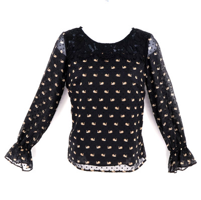 RSVP by Talbots Long Sleeve Blouse Shirt Womens P Black Swans Lace Accents NEW