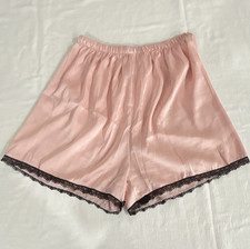 Women s L Pink Satin Sleep Shorts Solid Black Lace Trim Elastic Waist 0202