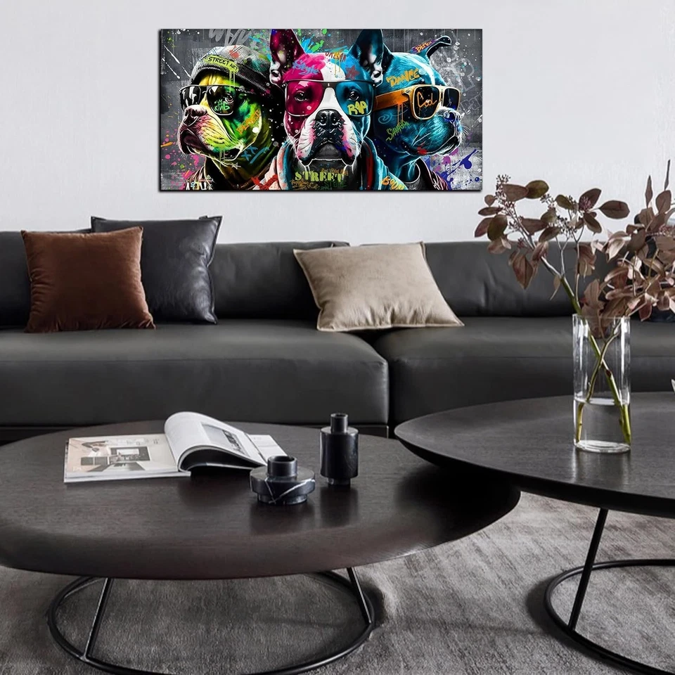 Arte de pared de lienzo grande para dormitorio sala de estar divertido graffiti foto de perro genial Foto 2 de 4