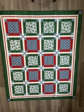Santa Christmas Tree Handmade Quilt Blue Red Green White 68" x 81"