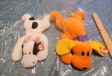 Ty Beanie Baby 1998 Pillow Pals "WOOF" Orange Plush Puppy &1994" Moo" Cow W/tags