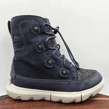 Sorel Explorer Boots Youth Girls 2 Blue Gray Suede Fleece Lined Waterproof Snow