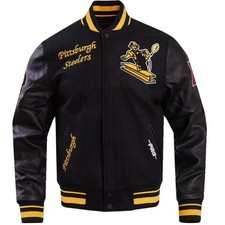 Pittsburgh Steelers Varsity Jacket   Black Wool  Leather Bomber Style Coat